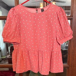 SHEIN Womens Coral Pink White Heart Print Puff‎ Sleeve Peplum Blouse Top Size M